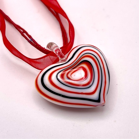 Vintage Patriotic Red White Blue Murano Glass Heart Pendant Necklace - Picture 12 of 16